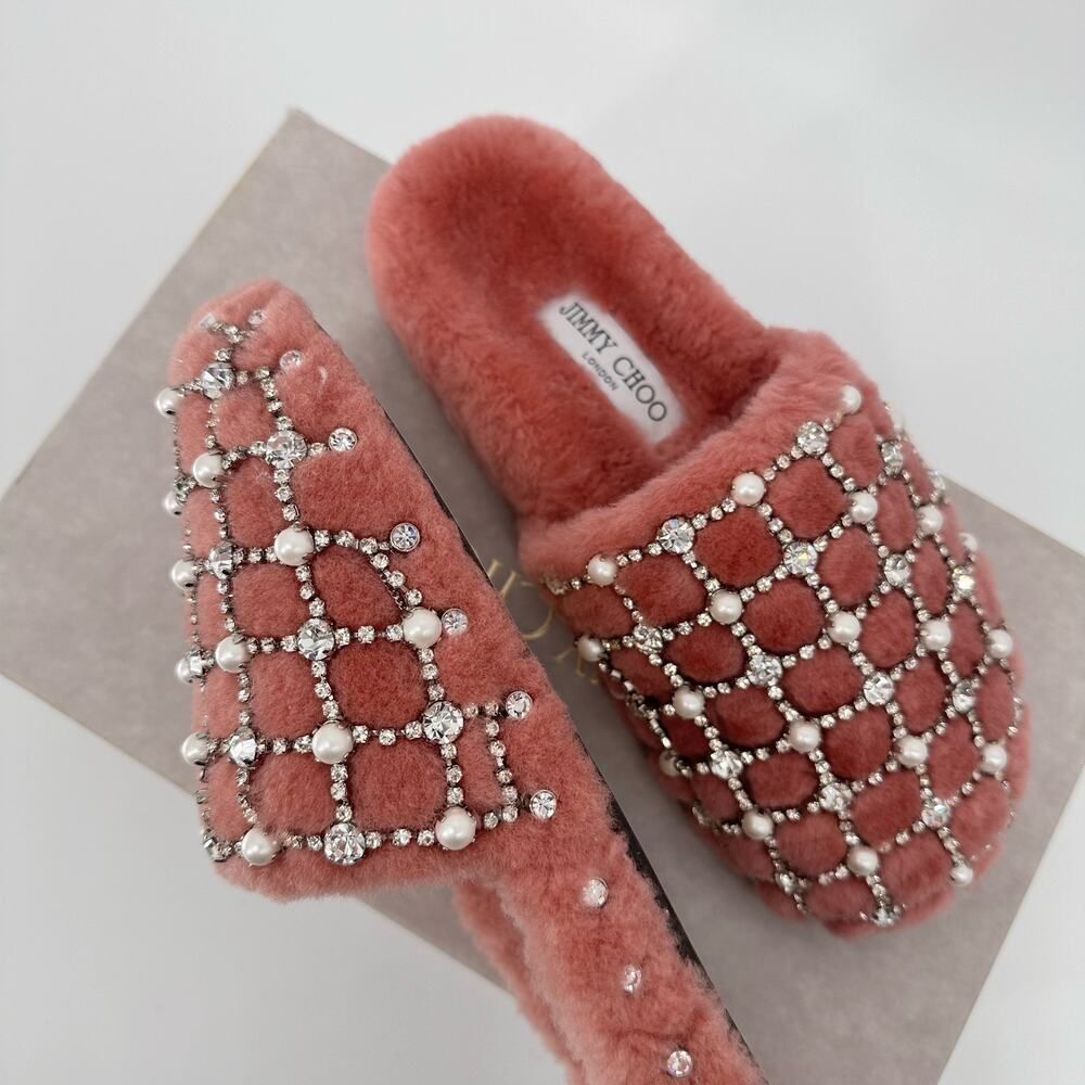 Jimmy Choo Fancy Crystal Blush Pearl Shearling Mules Slippers Size 6 NWT